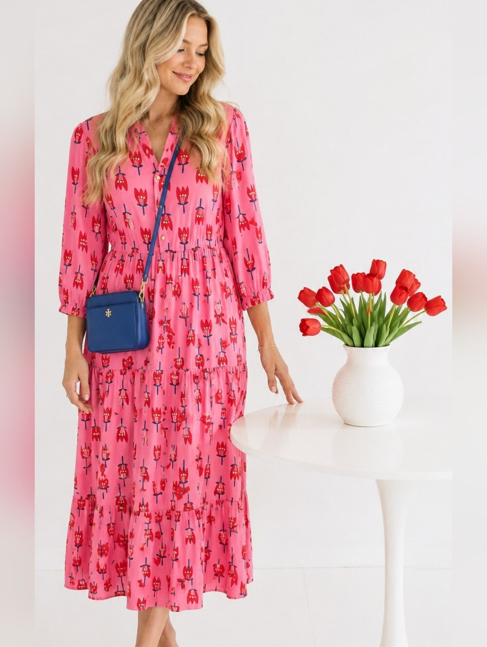 Red Tulips On Pink Tierrd Maxi Dress